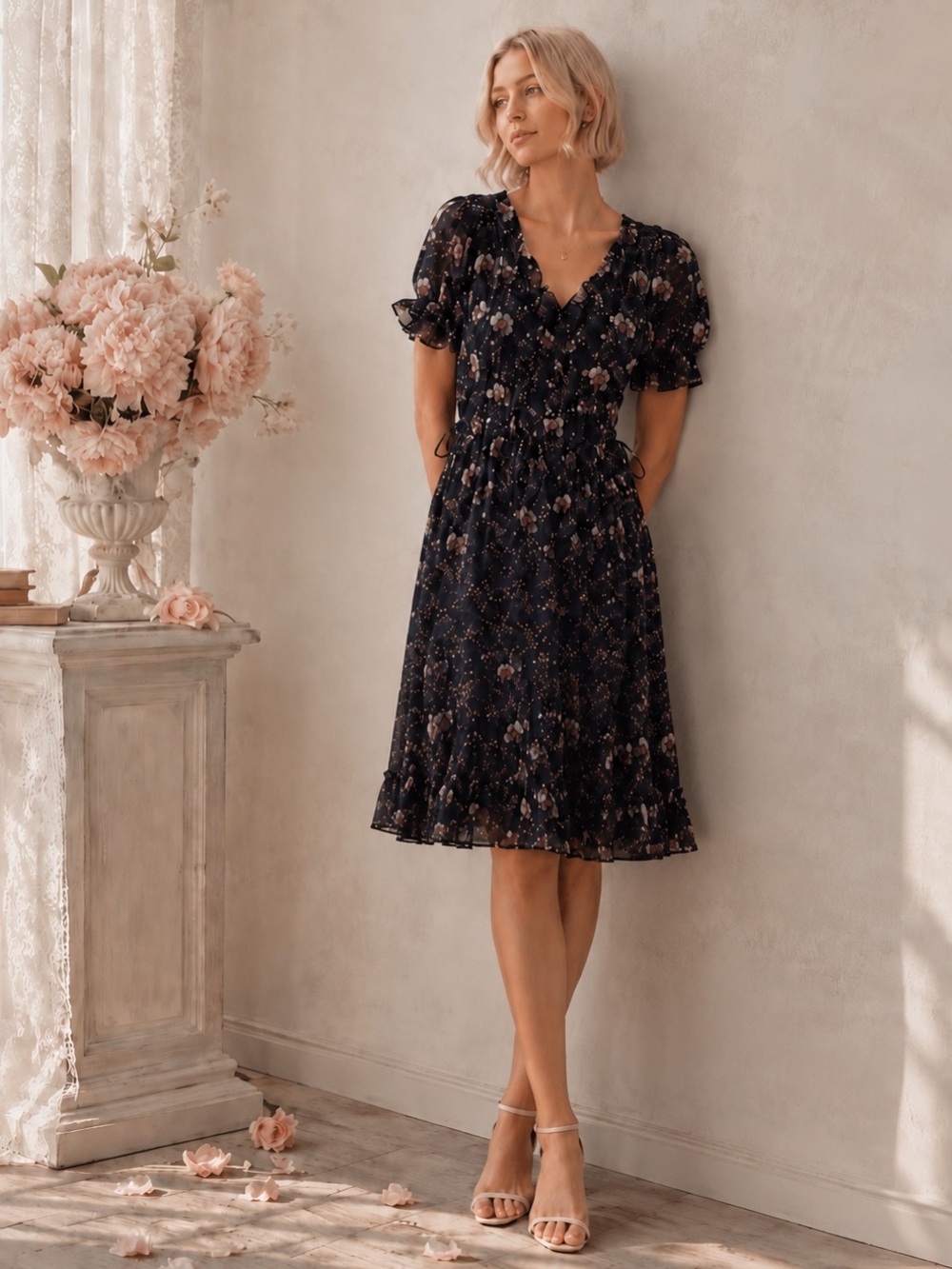 Ulla Johnson 100% Silk Navy Floral Midi Dress Size 2